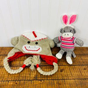 Lot of 2-Kids Sock Monkey Beanie/ Hat- Arizona & Small Sock Monkey Plush Dan Dee
